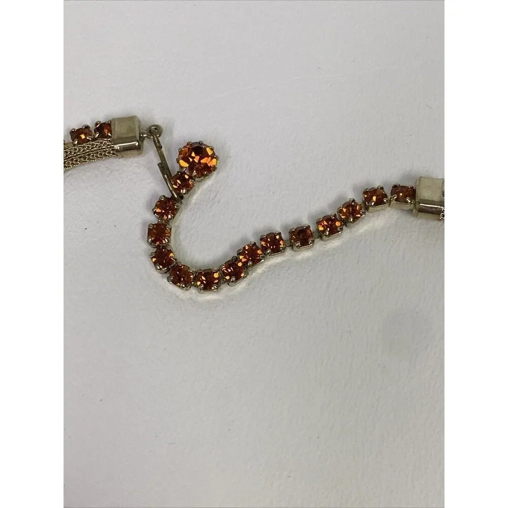 Weiss Gold Tone Mesh Amber Orange Rhinestone Necklace & Bracelet Set Vintage